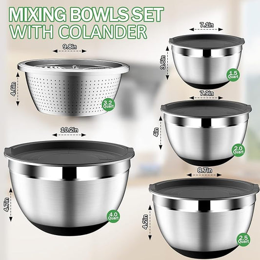 Mixing Bowls with Lids Set, Stainless Steel Mixing Bowls with Colander, Strainer with Mixing Bowl Set, Non-Slip Bottom, Kitchen Gadgets Bowl Christams Gift, Size 4, 2.5, 2, 1.5QT - Black