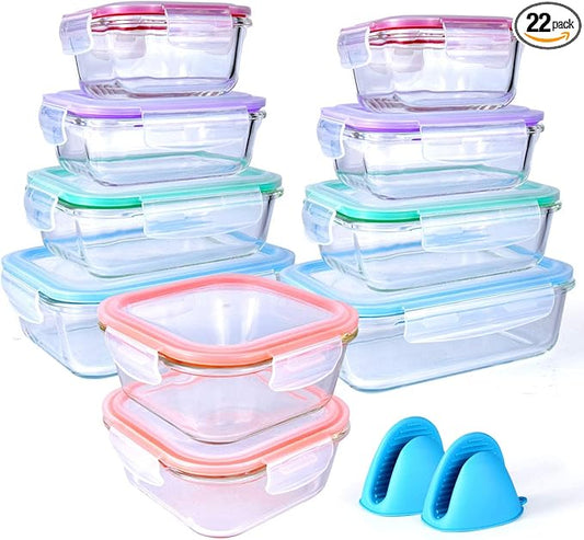 20 Pc Glass Food Storage Containers with Snap Lock Lids, Airtight & Leakproof, Bonus 2 Oven Silicone Gloves, Safe for Dishwasher, Oven, Microwave,Freezer, BPA Free