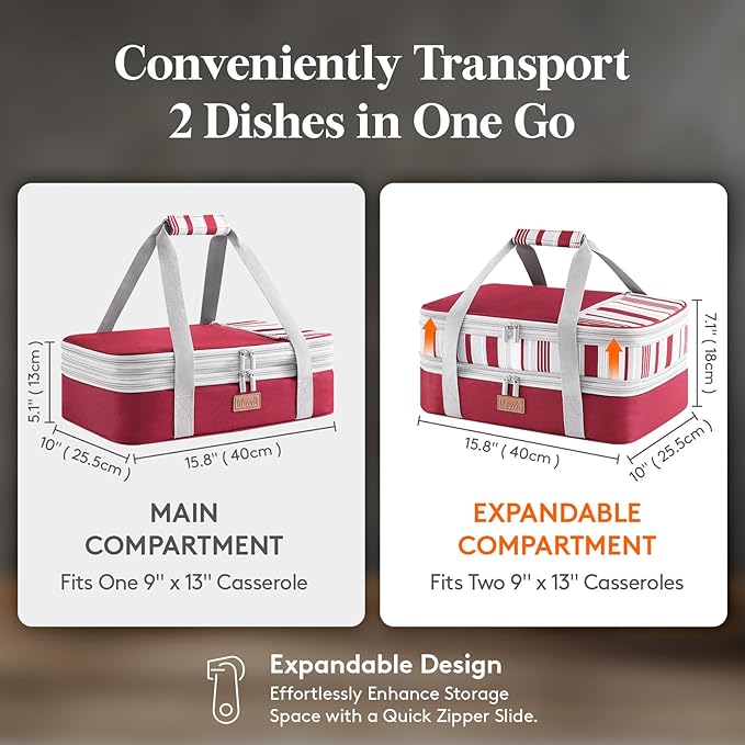 Lifewit Expandable Insulated Casserole Carrier for Hot or Cold Food, Double Decker Food Bag Lasagna Holder Carry Tote for Potluck Parties/Picnic/Cookouts, Fits 9"x13" Baking Dish, Red
