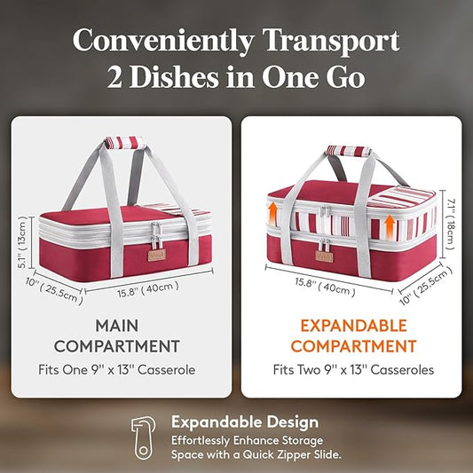 Lifewit Expandable Insulated Casserole Carrier for Hot or Cold Food, Double Decker Food Bag Lasagna Holder Carry Tote for Potluck Parties/Picnic/Cookouts, Fits 9"x13" Baking Dish, Red