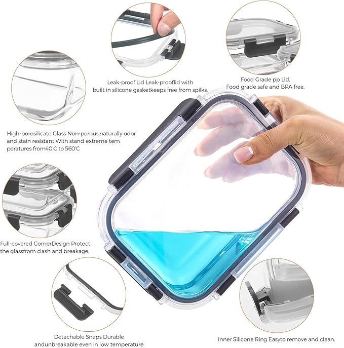 8 Pack Glass Food Storage Containers with Airtight Lids,Glass Meal Prep Containers with, Bento Boxes, Airtight Lunch Containers, Microwave,Oven, Freezer, Dishwasher