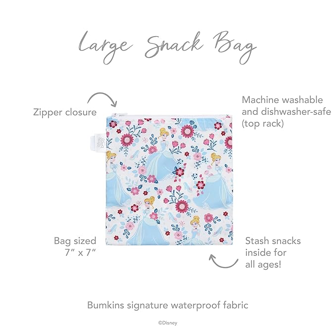Bumkins Disney Reusable Sandwich and Snack Bags, for Kids School Lunch and for Adults Portion, Washable Fabric, Waterproof Cloth Zip Bag, Travel Pouch, Food-Safe, Large, Princess