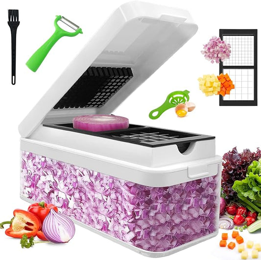 Vegetable Chopper, Onion Chopper Dicer, Mandoline Slicer, Food Chopper with Container, Vegetable Cutter for Salad Potato Carrot Garlic（2 Blades, White Black）