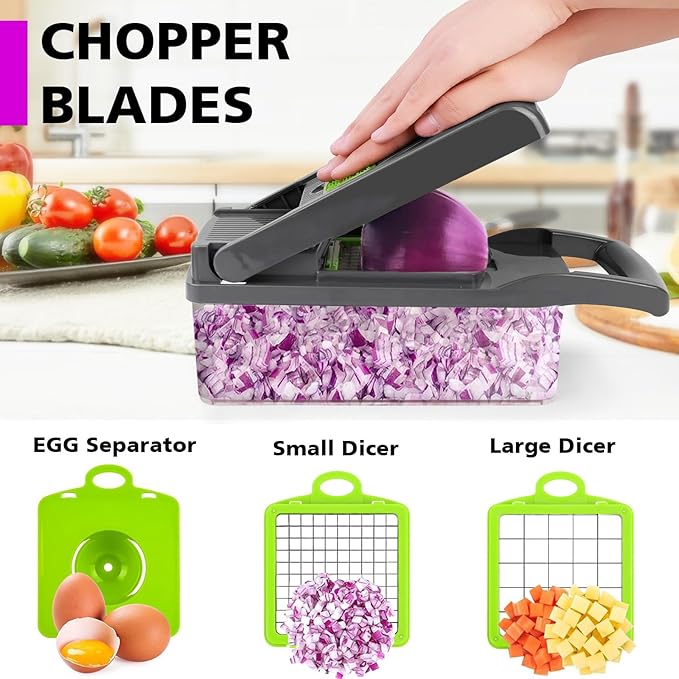 Vegetable Chopper Mandoline Slicer,Veggie Chopper, Multifunctional 13 in 1 Food Choppers, Kitchen Vegetable Slicer Dicer Cutter,Onion Mincer,Colander Basket,Kitchen Gadgets (Gray/Green)