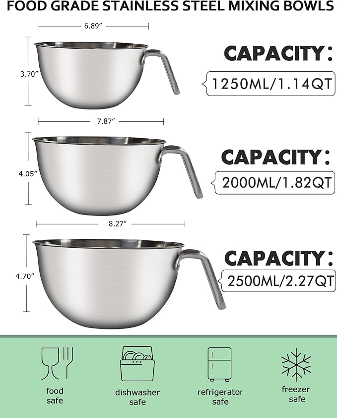 Marsheepy Stainless Steel Mixing Bowls With Handle And Pour Spout,3 Pieces Of Thick Stainless Steel Nesting Storage Bowls With Silicone Spatula for Kitchen Use,Size 1.1/1.8/2.3 Quart