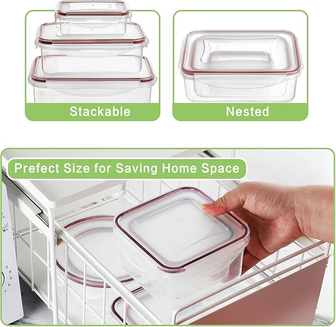 HOMBERKING 32 Pieces Food Storage Containers Set with Snap Lids (16 Lids + 16 Containers), Meal Prep Airtight Plastic Containers, BPA-Free Lunch Containers for Kitchen Organization, Pantry, Home, Red