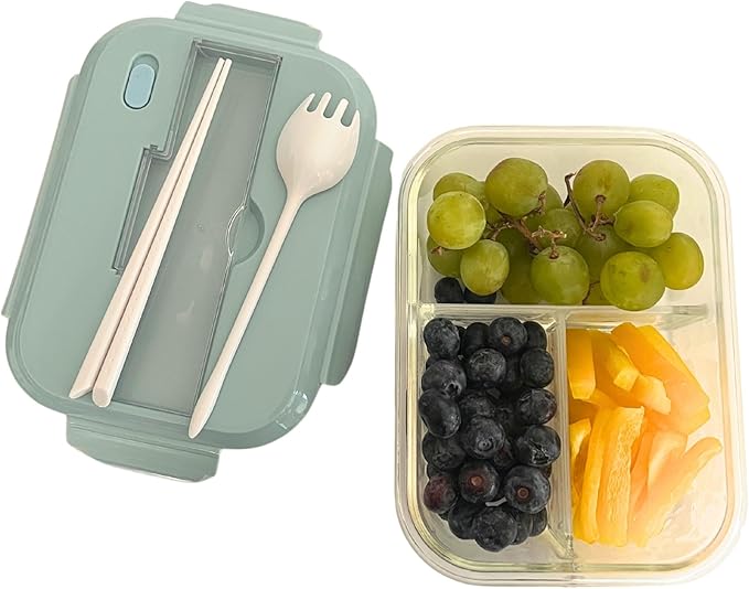 THY COLLECTIBLES Set of 3 36 OZ Glass Lunch Storage Containers with Lids and Utensils, Microwave Safe, Leak Proof, Freezer to Oven Safe for Meal Prep, Leftovers, Cooking, Bento Box (3 Compartments)