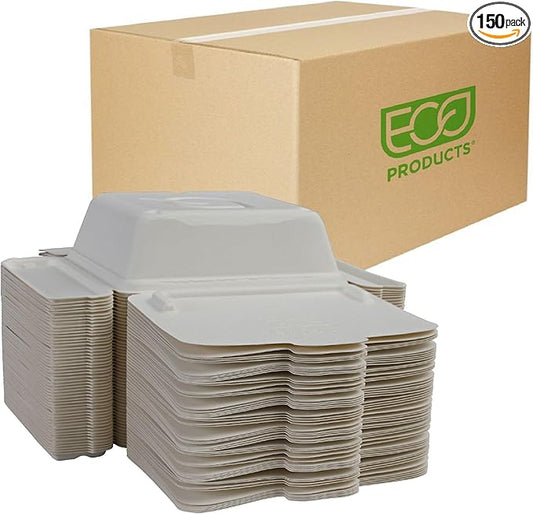 ECO PRODUCTS Compostable 58oz One-Piece To Go Containers, Case of 150, 8.25"x7.5"x2.5" Vanguard Folia Innovative Container, Disposable Renewable White Molded Fiber, No PFAS, ASTM, BPI-Certified