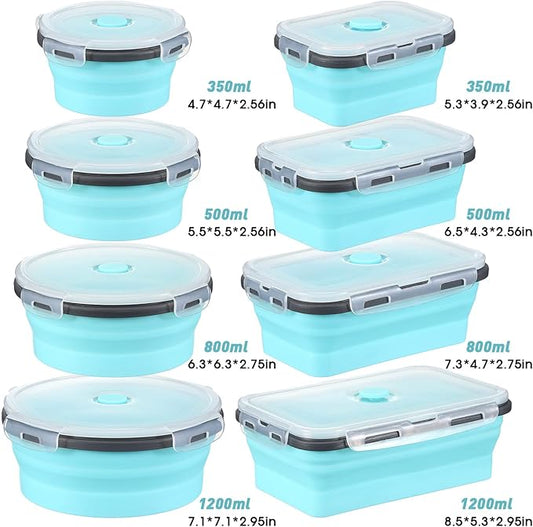 8 Pieces Collapsible Food Storage Containers Foldable Silicone Lunch Containers with Lids, 4 Pcs Silicone Rectangle Collapsible Bowls and 4 Pcs Round Food Bowls, Microwave Freezer and Dishwasher Safe