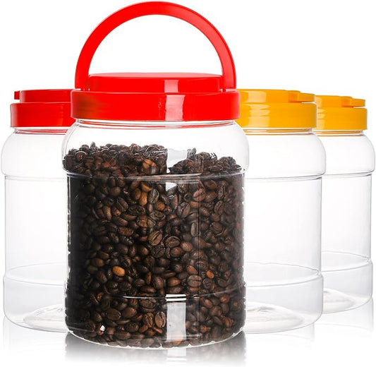 Lyellfe 4 Pack Clear Plastic Jars, Half Gallon Wide Mouth Storage Containers with Leak-proof Lids Handle, BPA Free Empty Plastic Jar for Flour, Dry Goods, Cookies, Candy, Airtight Food Storage