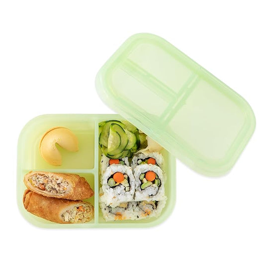 Bumkins Snack/Lunch Bento Box for Kids and Adults, 3 Compartment Container, Leak Proof Lid, for Portioning, Large Section Can Hold Sandwich, Food-Safe LFGB Platinum Silicone, Microwave-Safe, Green