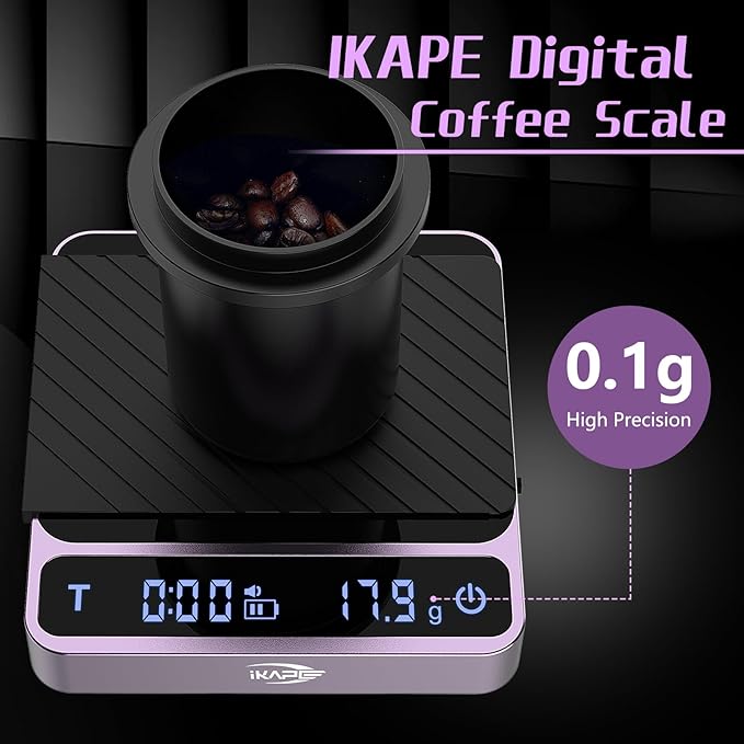 IKAPE Digital Coffee Scale, Premium Aluminium Espresso Scales with Timer, 2kg/0.1g High Precision Rechargeable Drip Espresso Scale with Tare Function, LED Display(Purple)