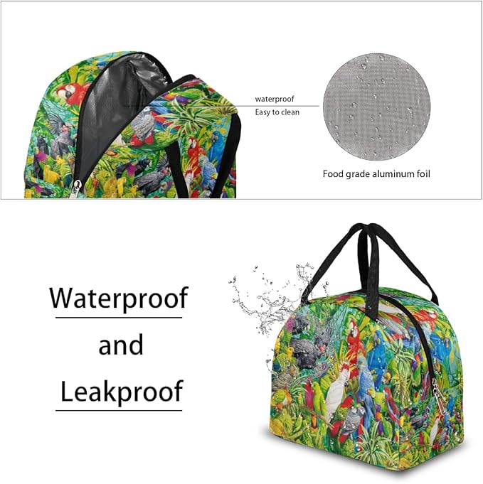 Insulated Lunch Bag for Women Men Colorful Parrot Paint Waterproof Thermal Tote Bag Reusable Lunch Box Container Lunch Holder Leakproof Lunch Cooler Bag Picnic Travel Work
