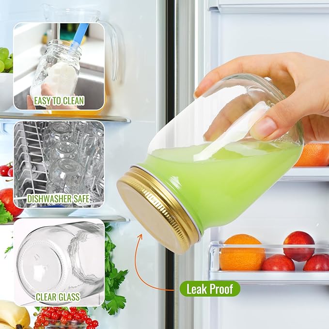 Mason Jars 16 oz with Gold Lids, 15 Pack Canning Jars, Clear Regular Mouth Glass Jars for Canning and Fermenting, Labels & Brusher Included - Microwave & Dishwasher Safe