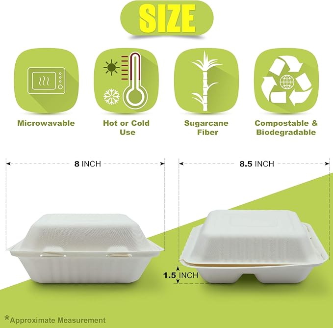 Green Earth 8-Inch, 200-Count, 3-Compartment, Compostable Clamshell, Natural Bagasse (Sugarcane Fiber), Take-Out/to-Go Food Boxes - Biodegradable Containers, Hinged Lid Microwave-Safe Gluten-Free
