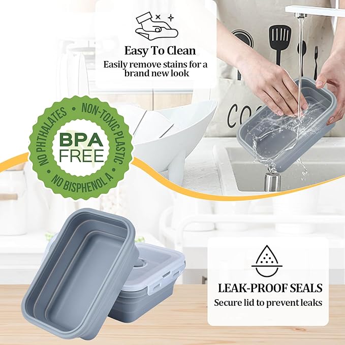Collapsible Silicone Food Storage Container, Meal Prep Food Storage Containers with Lids, Lunch Containers Collapsible Bowls Sets for Microwave, Oven, Freezer and Dishwasher, BPA Free, Dark Blue