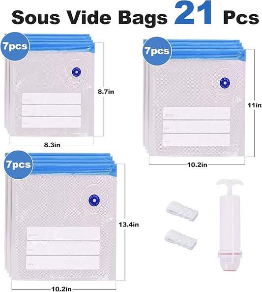 21 Pcs 3Size Sous Vide Bags Vacuum Zipper Sealer Bag for Food, Reusable Vacuum Seal Bags with Hand Pump&Sealing Clips for Sous Vide Cooking,Freezer Safe,Microwave Heating and Food Storage