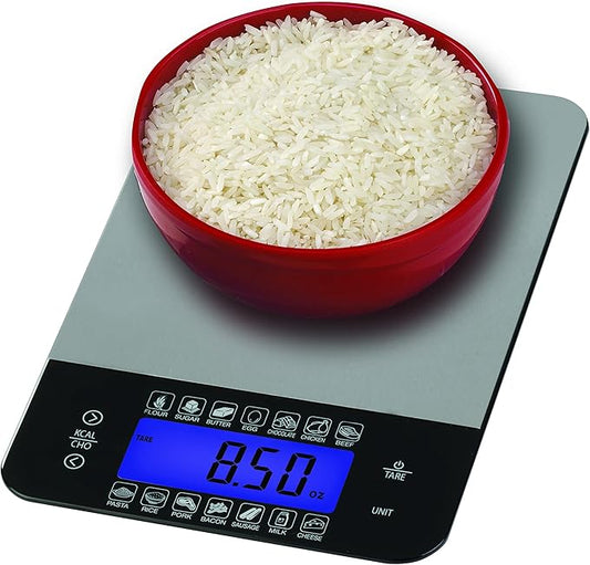 SmartHeart Digital Kitchen Food Scale with Calorie & Carb Calculator | Stainless Steel | Tare Function | Unit Conversions: oz/lbs/g/ml | 14 Pre-Set Foods | Large Backlit LCD Display