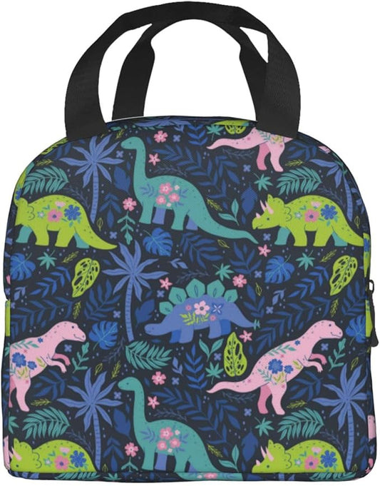 Dinosaur Lunch Box Cartoon Cute Animals Insulated Lunch Bag for Women Men Reusable Cooler Navy Dinosaur Flowers Lunch Tote Bag with Front Pocket for Hiking Picnic Travel Office, wjoy-box-8