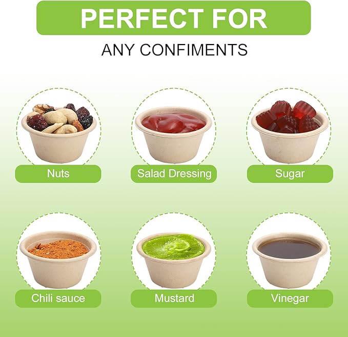 2 oz Compostable Portion Cups,200 Pack Disposable Souffle Cups,Biodegradable Condiment Cups,Bagasse Fiber Sample Portion Cups,Sample Cups Tasting Cups for Jello Shot,Souffle,Condiment,Sauce (Natural)