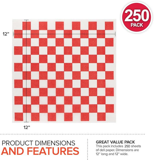 12” Deli Squares (250 Pack) - Red & White Checkered Deli Papers - Greaseproof Liners for Food Boats - Pre Cut Deli Sandwich Wrappers - Food Basket Sheets for BBQ, Picnic, Festival - Stock Your Home