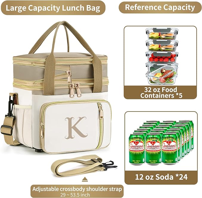 LOKASS Personalized Lunch Bag for Women Work, 16L Initial Insulated Lunch box for Adult/Womens Gift, Leakproof Personalized Gift Lunchbag with Adjustable Shoulder Strap, Cooler Bag Beige - D