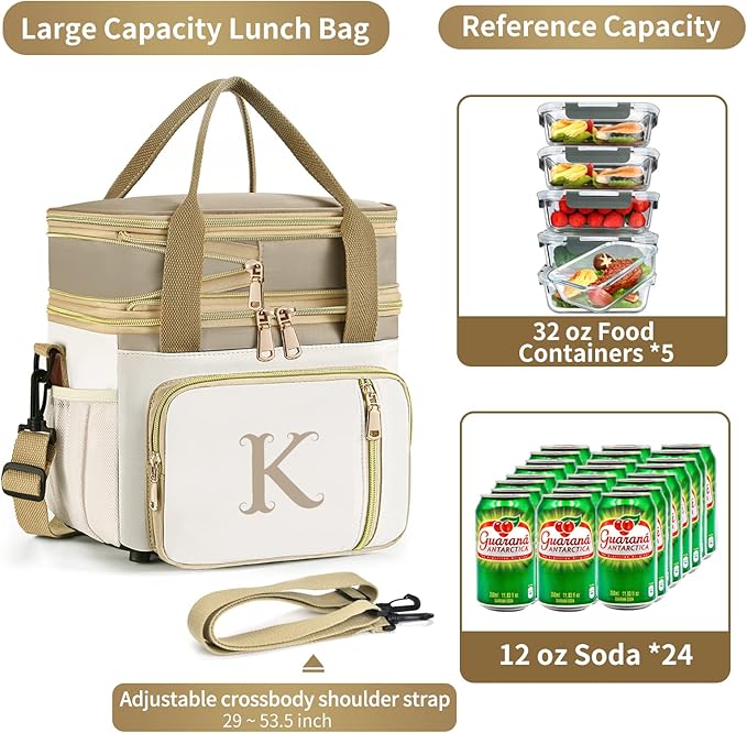 LOKASS Personalized Lunch Bag for Women Work, 16L Initial Insulated Lunch box for Adult/Womens Gift, Leakproof Personalized Gift Lunchbag with Adjustable Shoulder Strap, Cooler Bag Beige - U