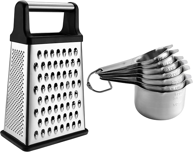 Spring Chef Professional Box Grater, XL Size, Black & Stainless Steel Round Measuring Cups, Set of 7-2 Product Bundle