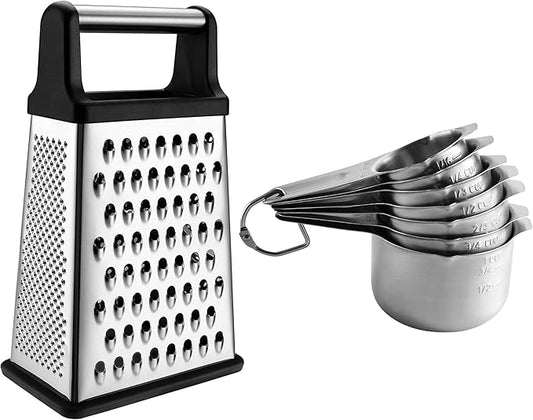 Spring Chef Professional Box Grater, XL Size, Black & Stainless Steel Round Measuring Cups, Set of 7-2 Product Bundle