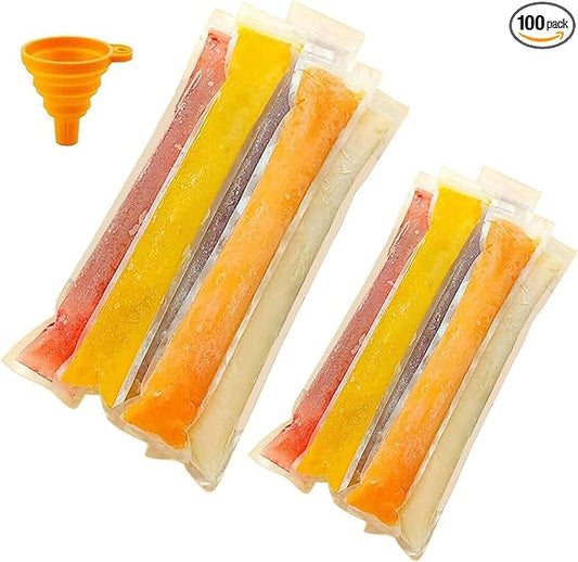 100PCS Disposable Popsicle Moulding Bags (50pcs 2.16in x 11in and 50pcs 2.36in x 8.7in Popsicle Moulding Bags) With Silicone Funnel for Yogurt Sticks, Juice and Fruit Smoothies and Ice Candy Pops