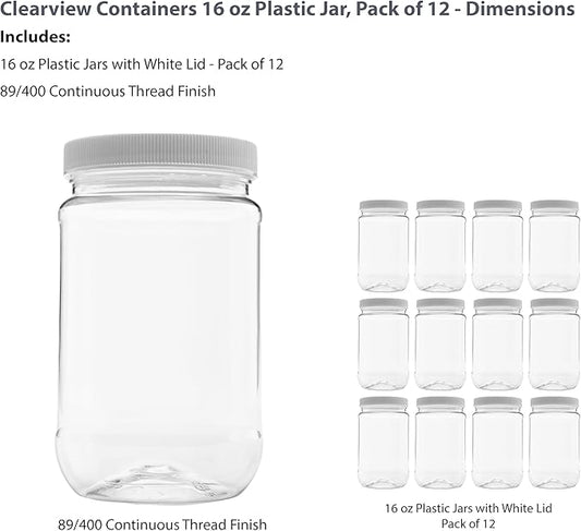 12 Pack of 16 Ounce Plastic Pint Jars with 70RG Leak Proof Seal Lid - Food Grade and BPA Free (16oz, 12pk)