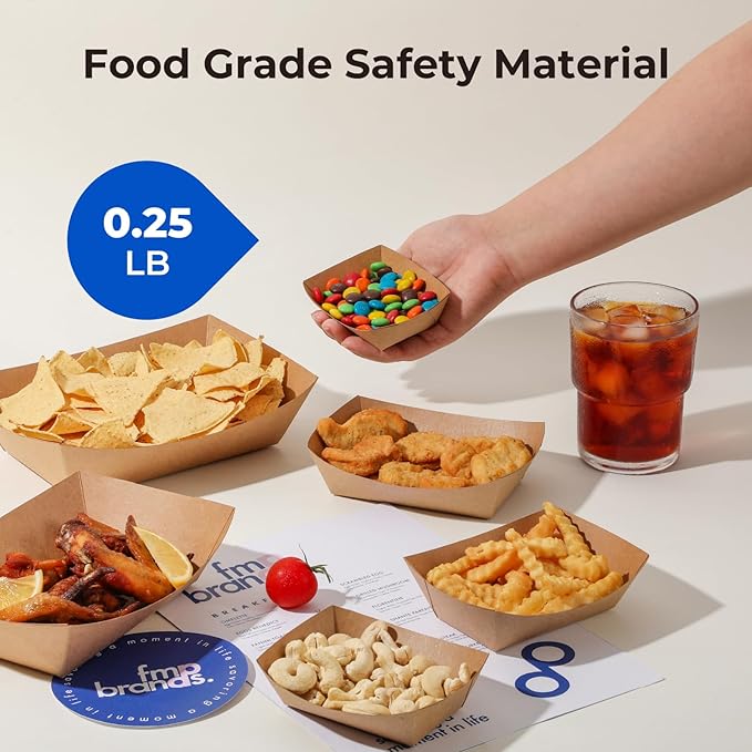 Fit Meal Prep [250 Pack 0.25 lb Paper Food Boats Heavy Duty Disposable Food Trays, Kraft Brown Nacho Tray for Parties Fairs Picnics Carnivals, Holds Sause Candies Nut Grease Resistant