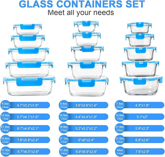 30 Pieces Glass Food Storage Containers Set, Glass Meal Prep Containers Set with Snap Locking Lids, Airtight Glass Lunch Containers, Microwave, Oven, Freezer & Dishwasher, Blue