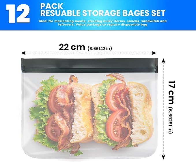 12-Pack Medium Reusable Food Storage Bags (Sandwich Size 9x6) – Premium Eco-Friendly, Leakproof, BPA-Free Ziplock Bags for Meal Prep, Freezer Storage, and Travel Essentials