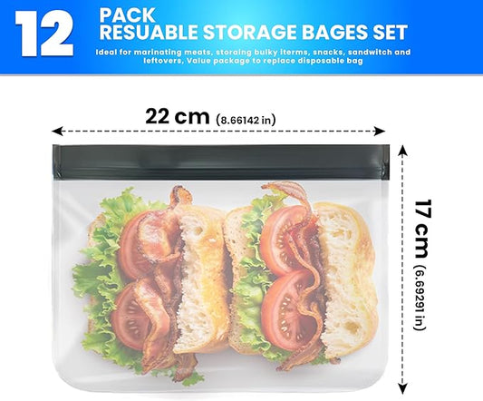 12-Pack Medium Reusable Food Storage Bags (Sandwich Size 9x6) – Premium Eco-Friendly, Leakproof, BPA-Free Ziplock Bags for Meal Prep, Freezer Storage, and Travel Essentials