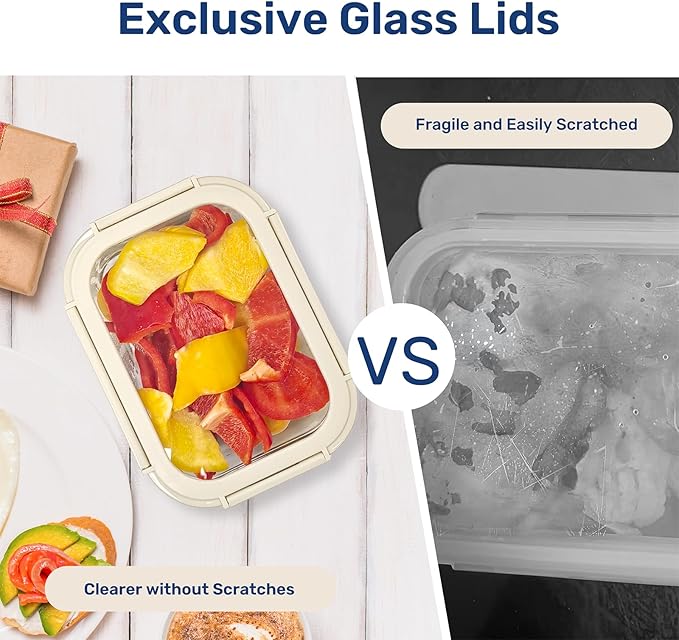 YSSOA Food Meal Prep Containers with Exclusive Glass Lids, Glass Storage Containers with Lids, BPA-Free, Glass Lunch Boxes for Lunch, Pantry Organizers and Storage, Freezer to Oven Safe, 4 Pack
