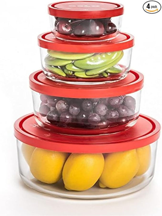 Bormioli Rocco Gelo 4pc Glass Storage Container/Food Storage Set with Red Lid (11.75 oz., 24.25 oz., 44.75 oz., 93.75 oz.)
