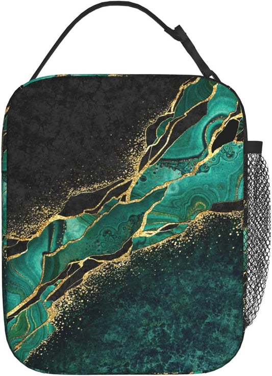 YETTA YANG Marble Black Green Gold Portable Lunch Bag Insulated Lunch Box Reusable Totes For Women Men Work Picnic Camping