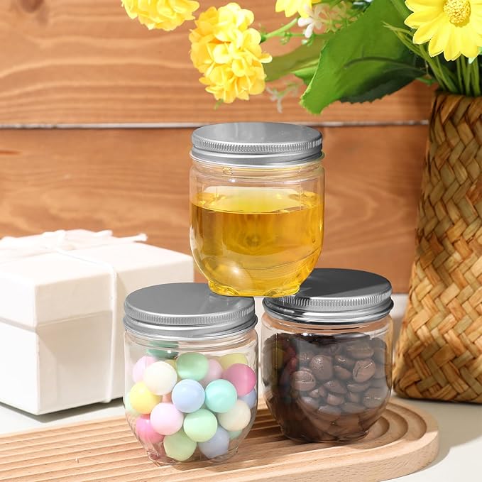 Tanlade 60 Pcs 4 oz Clear Plastic Wide Mouth Mason Jars with Lids Small Honey Jar Mini Storage Containers Bulk for Herb Jelly Butter Wedding Favors Shower Party (Silver)