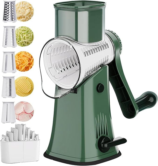 Rotary Cheese Grater 5 in 1 Cheese Grater with Handle Vegetable Slicer with 5 Interchangeable Blades, Storage Box, Green Cheese Shredder with Strong Suction Base for Kitchen (Green)