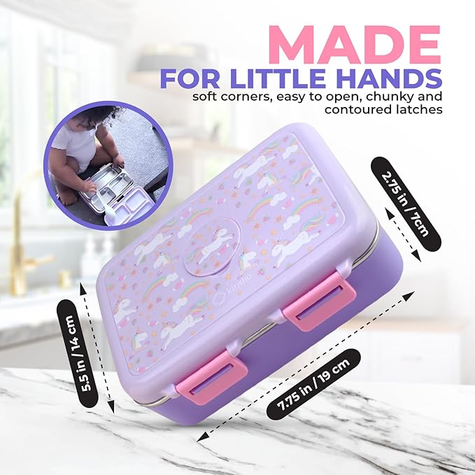 Stainless Steel Lunch Box for Baby Toddlers Girls, Mini Bento, 3 Eco Metal Portion Sections Leakproof Lid, Pre-School Daycare Lunches, Kids Spill-Proof Snack Container, 18 oz/550 mL Purple Unicorn