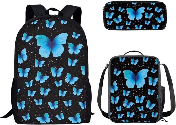 Dolyues Blue Butterfly Backpack Purse for Girls for School Kids Bookbag with Lunch Bag Pencil Case Elementary Middle School Back Pack Students Schoolbag Women Travel Daypack Rucksack
