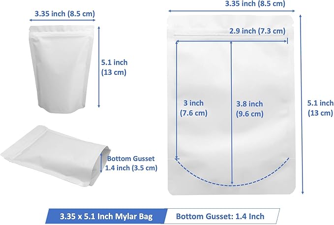 100 Pack Matte White Mylar Stand Up Bags - 3.35x5.1 Inches Smell Proof Resealable Zipper Pouch Bag, Sealable Foil Packaging Sample Pouches for Food Storage