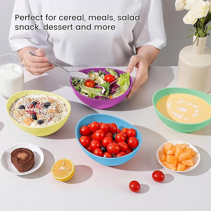 Unbreakable Cereal Bowls, 26 OZ Wheat Straw Bowl Set of 4, Microwave and Dishwasher Safe Bowls for Kitchen, Lightweight Serving Bowl for Cereal, Oatmeal, Salad (Memphis Series)