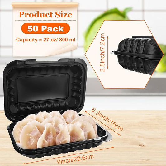 CYEAH 50 Pcs To Go Food Containers, 27 OZ Plastic Clamshell Food Containers, 9 x 6 Inch Black Take Out Food Containers, To Go Box Containers Takeout Food Trays for Meal Prep Takeout Leftovers