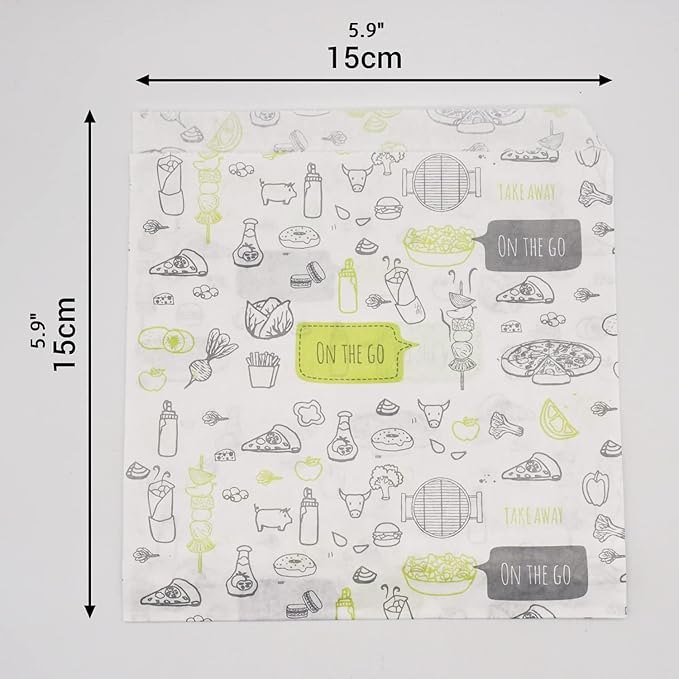 (Pack of 400) Paper Bags for Food Packaging 5.9" x 5.9" (15 x 15 cm), Greaseproof Fast Food Bags, Burger Bags, Food Packaging