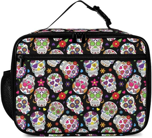 Day of the Dead Sugar Skull Reusable Lunch Box Insulated Lunch Bag Cooler Bag Lunchbox Meal Food Container Tote Bag for Women Kids Girls School Camping Hiking Picnic Beach Travel