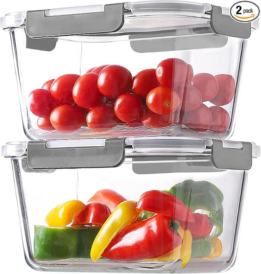 HOMBERKING 4pc Glass Food Storage Containers with Lids, Glass Meal Prep Containers with Leak Proof Snap Lock Lids, Airtight Bento Lunch Boxes, Kitchen Storage (2 lids & 2 Containers) - Grey