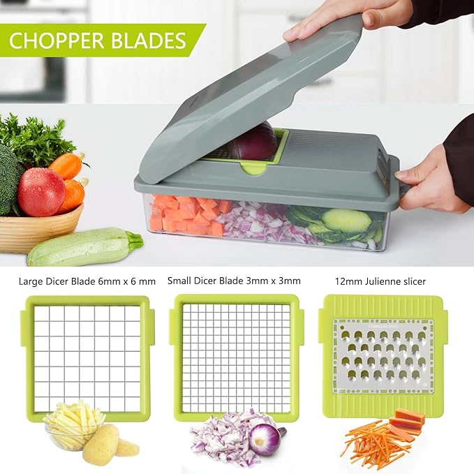 LHS Vegetable Chopper, Multifunctional Food Chopper, Pro Onion Chopper, Vegetable Slicer Dicer Cutter with 5 Blades, Veggie Chopper with Container, 3 in 1 Spiralizer Included(9-in-1,Grey)