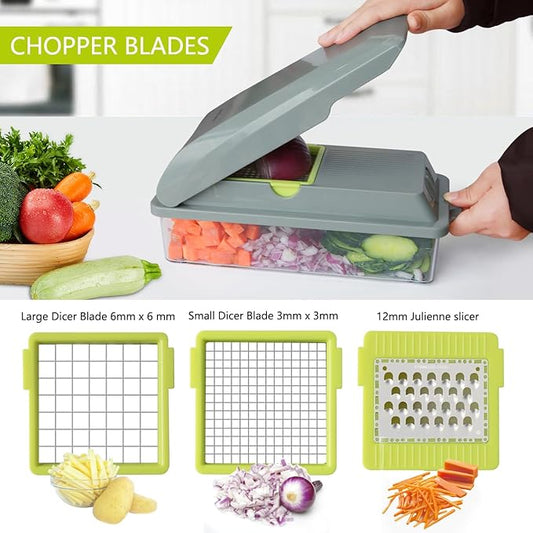 LHS Vegetable Chopper, Multifunctional Food Chopper, Pro Onion Chopper, Vegetable Slicer Dicer Cutter with 5 Blades, Veggie Chopper with Container, 3 in 1 Spiralizer Included(9-in-1,Grey)